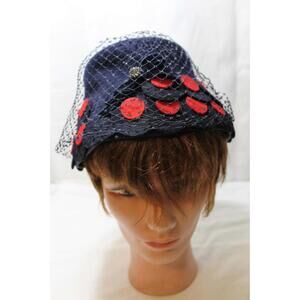Vintage Navy Blue Pyr-Lane Wool Felt Bucket Hat, Red Polka Dots, Veil